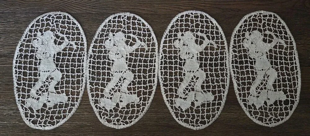4 Antique Figural Needle Lace Doilys Inserts Applique Table Decoration Oval